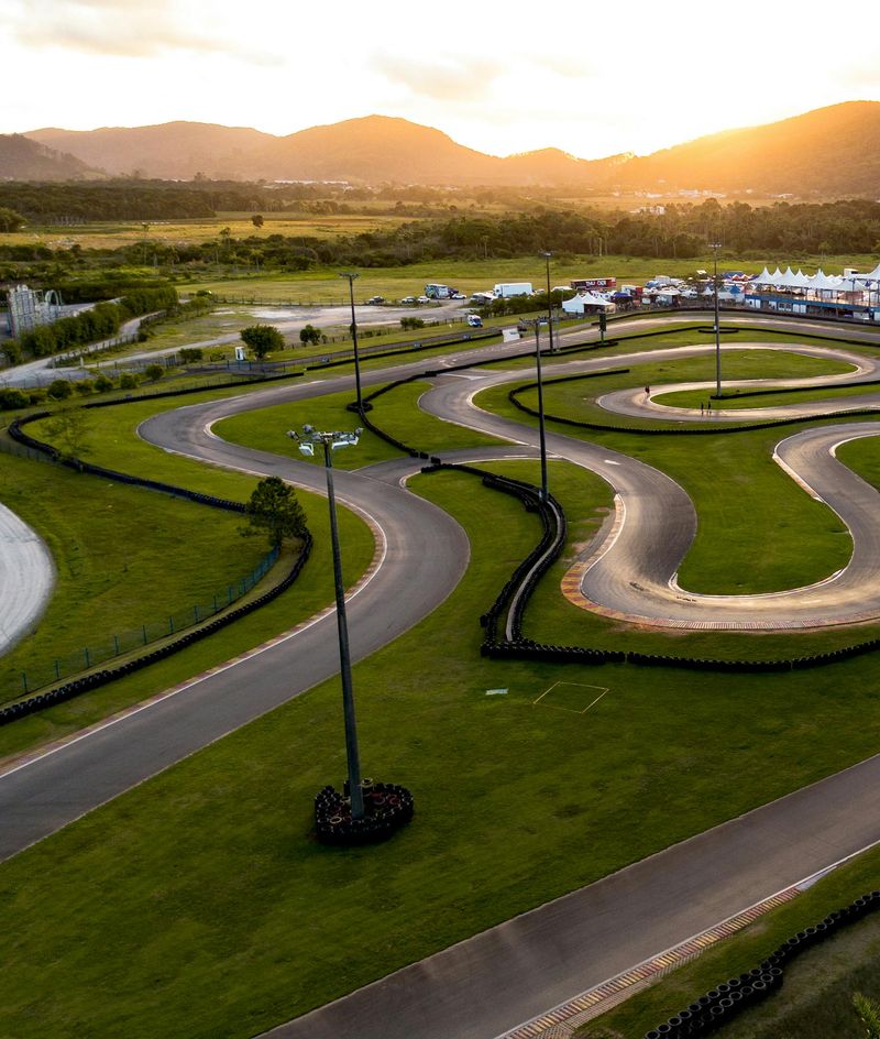 Aerial view of a kart circuit at sunset